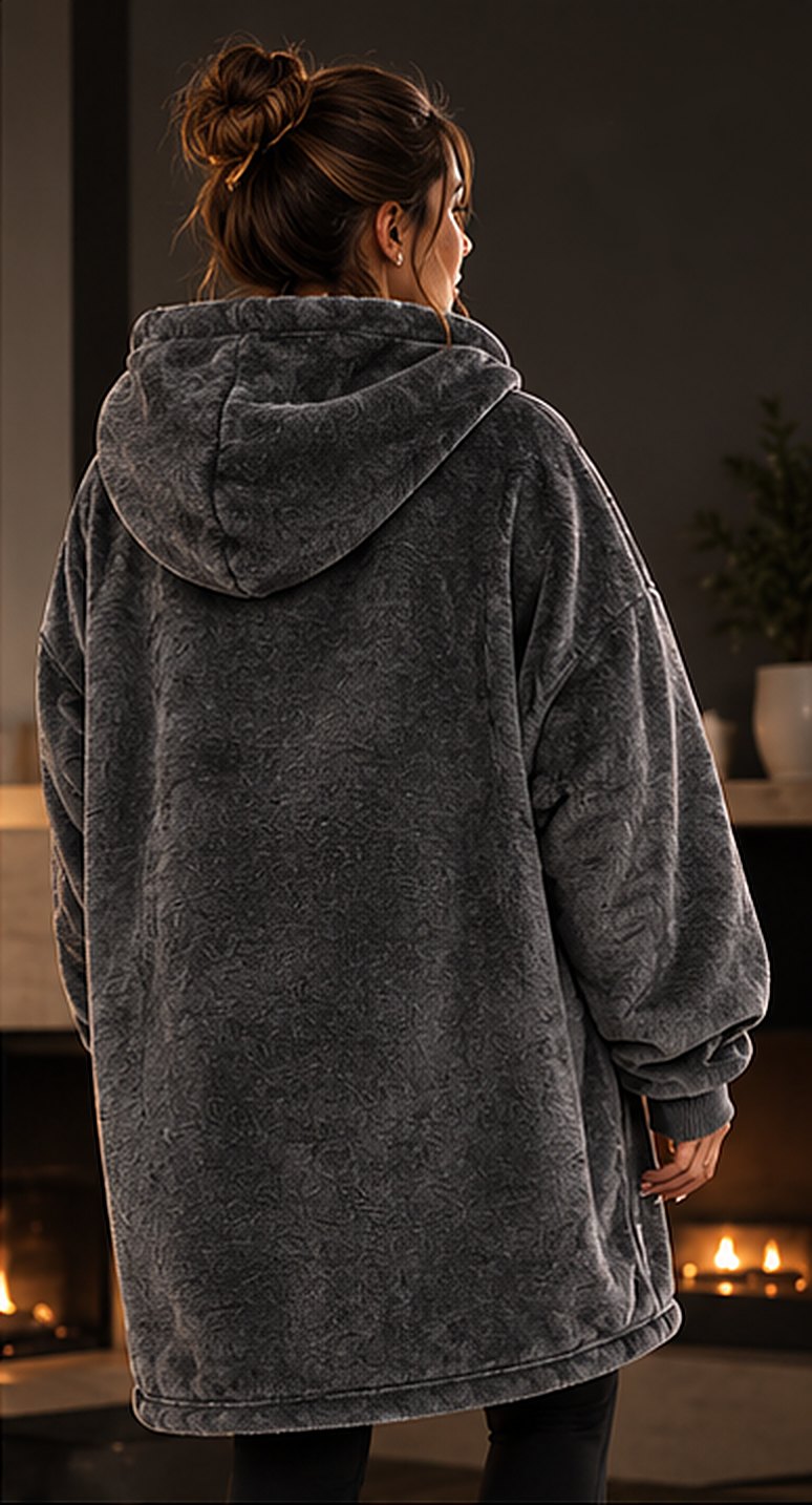 Back view of the Nook heated hoodie by a fireplace